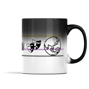 May include: A ceramic mug with a black handle and a gradient finish transitioning from black at the top to white at the bottom. The mug features horizontal stripes in gold, purple, and gray, with black line art icons of theater masks and a globe.