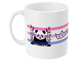 May include: A white ceramic mug featuring a graphic design of a black and white panda sitting among bamboo stalks. The design includes three horizontal stripes in pink, light purple, and blue, along with a simple line drawing of a crown.