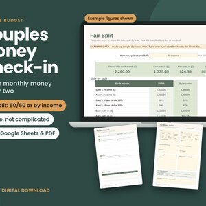 Couples Budget Spreadsheet & Printable, Monthly Money Check-in for Two, Fair Split Bills Calculator, Excel Google Sheets, A4 US Letter PDF