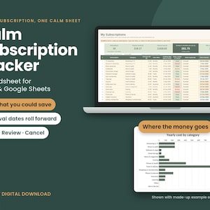 May include: A digital subscription tracker spreadsheet for Excel and Google Sheets displayed on a laptop screen. The interface shows a table titled My Subscriptions and a bar chart titled Yearly cost by category with dark green accents.