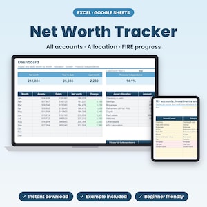 Peut inclure: Un tableur de suivi de valeur nette pour Excel et Google Sheets affiché sur un écran d'ordinateur portable et de tablette. Le tableau de bord présente des données financières incluant actifs, dettes, valeur nette et répartition des actifs.