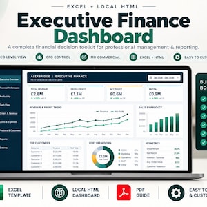 May include: A laptop screen displaying an Executive Finance Dashboard with financial data, charts, and tables. The interface includes sections for total revenue, gross profit, net profit, EBITDA, revenue trends, and cost breakdowns in a dark and white theme.