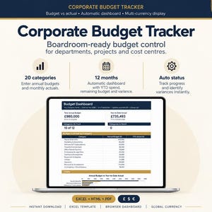 Può includere: Un modello digitale di monitoraggio del budget aziendale visualizzato su uno schermo di un portatile. L'interfaccia presenta una dashboard di bilancio con budget annuale totale, spese effettive, monitoraggio delle categorie e grafici.