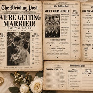 Op de afbeelding: Een trouwkrant-sjabloon in vintage-stijl genaamd The Wedding Post, bestaande uit vier pagina's met secties voor het liefdesverhaal, de bruiloftsgasten, het menu, foto's en activiteiten voor gasten, gedrukt op verouderd papier met zwarte tekst.