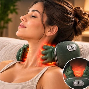 Op de afbeelding: Een donkergroene nek- en schoudermassager met 4D bionische vingers die een echte handmassage met warmte simuleren. Het apparaat bevat bedieningsknoppen en toont de tekst: Neck & Shoulder Massager with Heat – 4D Bionic Heated Massager.
