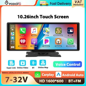 Monitor automotivo Podofo de 10,26 polegadas com CarPlay, Android Auto, tela inteligente, AirPlay, espelhamento de tela, Bluetooth, controle de voz e rádio FM. Superlink para carro.