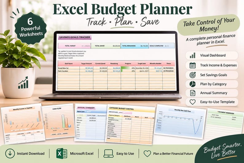 Excel Budget Planner Spreadsheet, Monthly and Annual Expense Tracker ...