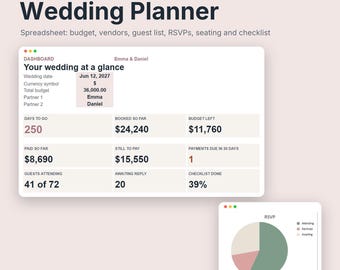 Hoja de cálculo para planificar la boda / Presupuesto, lista de invitados, seguimiento de confirmaciones de asistencia (Google Sheets + Excel)