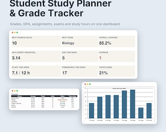 Planificador de estudios y registro de calificaciones para estudiantes / Hojas de cálculo de Google, Excel (Descarga digital)
