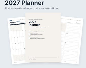 Planificador imprimible 2027 / Páginas mensuales, semanales y de objetivos con enlaces (descarga digital)