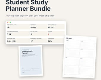 Paquete de planificador de estudios para estudiantes / Hoja de cálculo para el seguimiento de calificaciones + Planificador imprimible (Descarga digital)