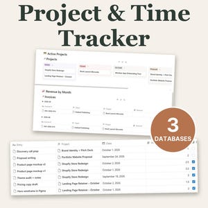 Könnte beinhalten: Eine Notion-Vorlage für Freelancer mit dem Titel Project & Time Tracker, die eine digitale Oberfläche mit aktiven Projekten, monatlichen Einnahmen und einer Aufgabenliste zeigt. Ein kreisförmiges Abzeichen zeigt 3 Datenbanken.