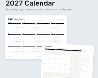Calendario minimalista imprimible 2027 / Vista general mensual y anual (PDF)