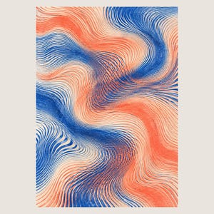 May include: A rectangular print featuring a series of undulating, wavy lines in shades of vibrant orange and deep blue. The lines flow across the surface in a rhythmic, fluid pattern, creating a sense of movement against a light cream background.