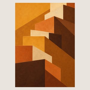 Könnte beinhalten: Ein vertikaler abstrakter Kunstdruck mit einer Reihe geometrischer, blockartiger Formen in verschiedenen Orange-, Braun- und Cremetönen. Die Komposition erzeugt einen geschichteten, gestuften Effekt mit scharfen Winkeln und kontrastierenden Tönen.