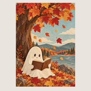 May include: A white ghost character sits under a large tree with red and orange autumn leaves, reading a brown book. The scene features a river, distant mountains, and falling maple leaves in a landscape with a textured, painterly art style.