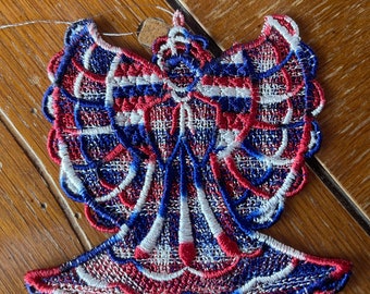 Embroidered Ornament - 4th of July Angel - Multi Red, White & Blue Colors All Thread
