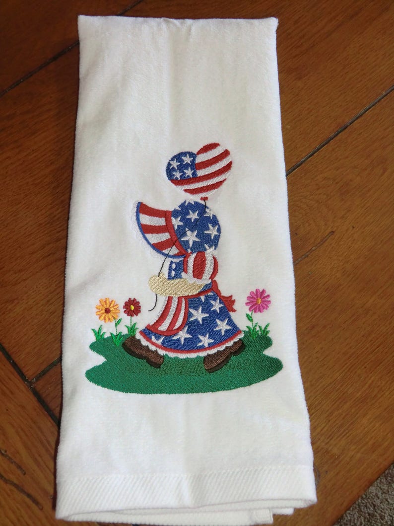 Embroidered Velour Hand Towel 4th of July Patriotic Sunbonnet Sue image 1