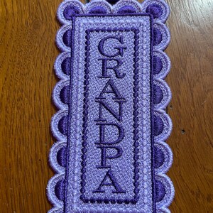Embroidered Bookmark  - &quot;Grandpa&quot; - Purples