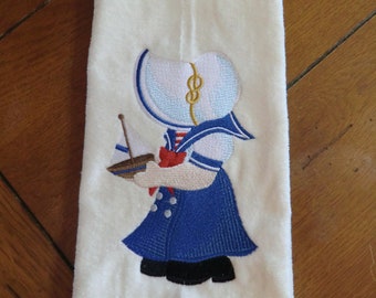 Embroidered Velour Hand Towel -  Sunbonnet Sue Sailor - Beige Towel