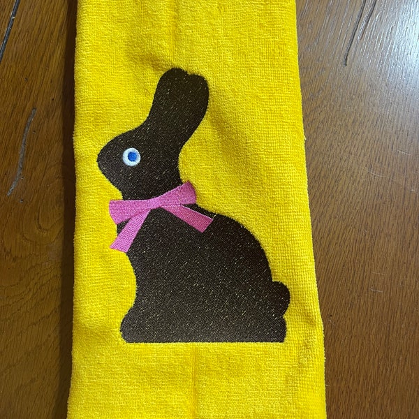 Embroidered Velour Hand Towel  - Easter - Chocolate Bunny - Pink Ribbon - Yellow Towel