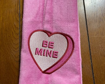 Embroidered Velour Hand Towel -  Valentine - Be Mine - Pink Towel