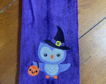 Embroidered Velour Hand Towel - Halloween - Owl Witch W/Pumpkin - Purple Towel