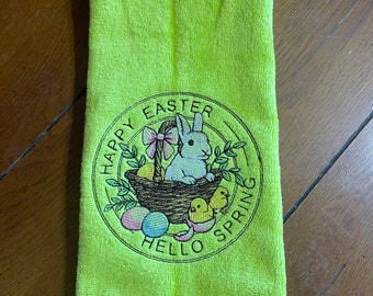 Embroidered Velour Hand Towel  - Easter - Happy Easter - Hello Spring - Lime Green Towel