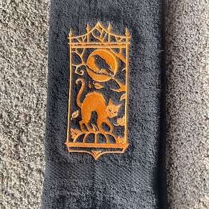 Embroidered Terry Hand Towel - Halloween - Cat & Crow - Black  Towel/Orange Stitching