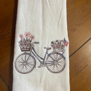 Embroidered Velour Hand Towel -  4th July - Bicycle  W/Flag & Flowers - White Towel