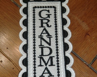 Embroidered Bookmark  - "Grandma" - Black & White