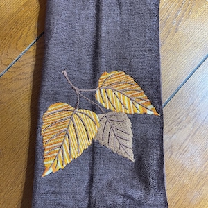 Embroidered Velour Hand Towel - Fall - 3 Fall Leaves - Variegated Oranges & Yellows - Brown Towel