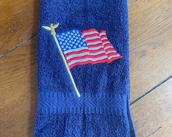 Embroidered Terry Hand Towel -  4th of July - Flag - Navy Towel