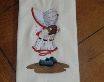 Embroidered Velour Hand Towel - Sunbonnet Sue Baseball Player - Beige Towel