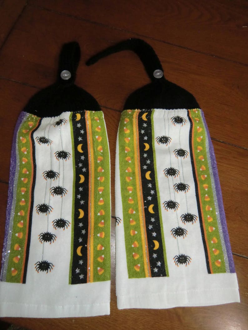 Halloween Spiders, Moon & Candy Corn Knit Top Kitchen Towels image 1