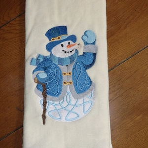 Embroidered Velour Hand Towel - Christmas - Celtic Snowman - Beige Towel