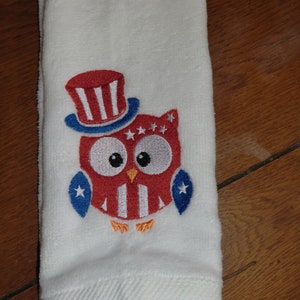 Embroidered Velour Hand Towel -  4th July - Owl
