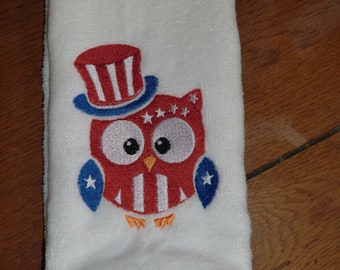 Embroidered Velour Hand Towel -  4th July - Owl