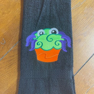 Embroidered Terry Hand Towel - Halloween - Monster Cupcake - Black towel