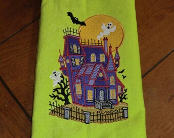 Embroidered Velour Hand Towel - Halloween - Haunted House - Lime Green Towel