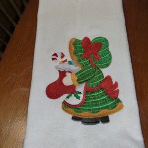 Embroidered Velour Hand Towel - Christmas - Sunbonnett Sue W/Stocking