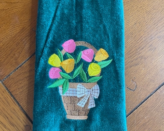 Embroidered Velour Hand Towel - Spring Flower Basket - Green Towel
