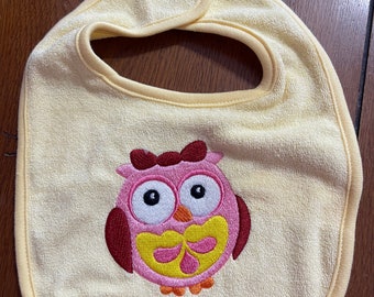 Embroidered Baby Bib - Pink Owl - Yellow Bib