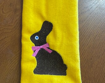 Embroidered Finger Tip Towel  - Easter - Chocolate Bunny - Pink Ribbon - Yellow Towel