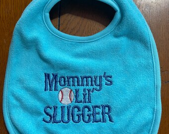 Embroidered Baby Bib - Mommy's Lil Slugger - Blue Bib