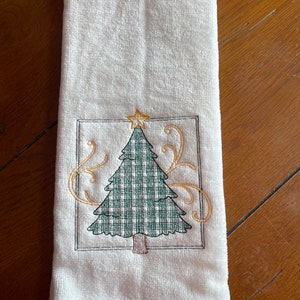 Embroidered Velour Hand Towel - Christmas - Retro Gingham Christmas Tree - White Towel