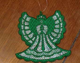 Embroidered Ornament Christmas - Mylar Angel Silver/Green