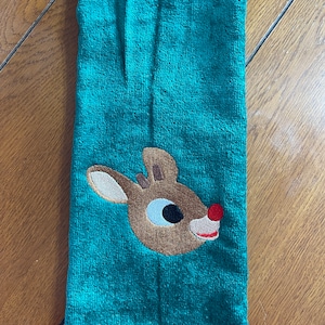 Embroidered Velour Hand Towel - Rudolph - Green Towel