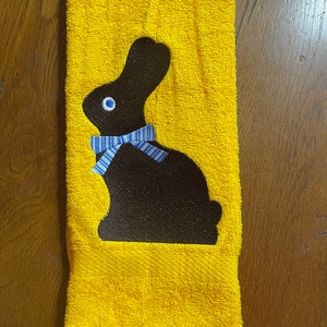 Embroidered Terry Hand Towel  - Easter - Chocolate Bunny - Multi Blue Ribbon - Yellow Towel