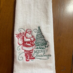 Embroidered Velour Hand Towel - Christmas - Santa & Tree - Merry Christmas - White Towel - Green Stitching